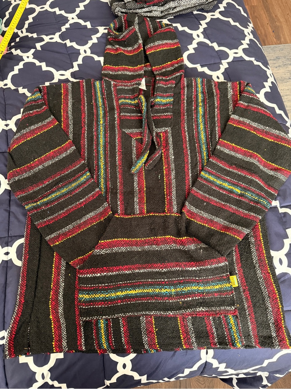 Men's Striped Hooded Baja Sweater - Black with Red & Multicolor Stripes